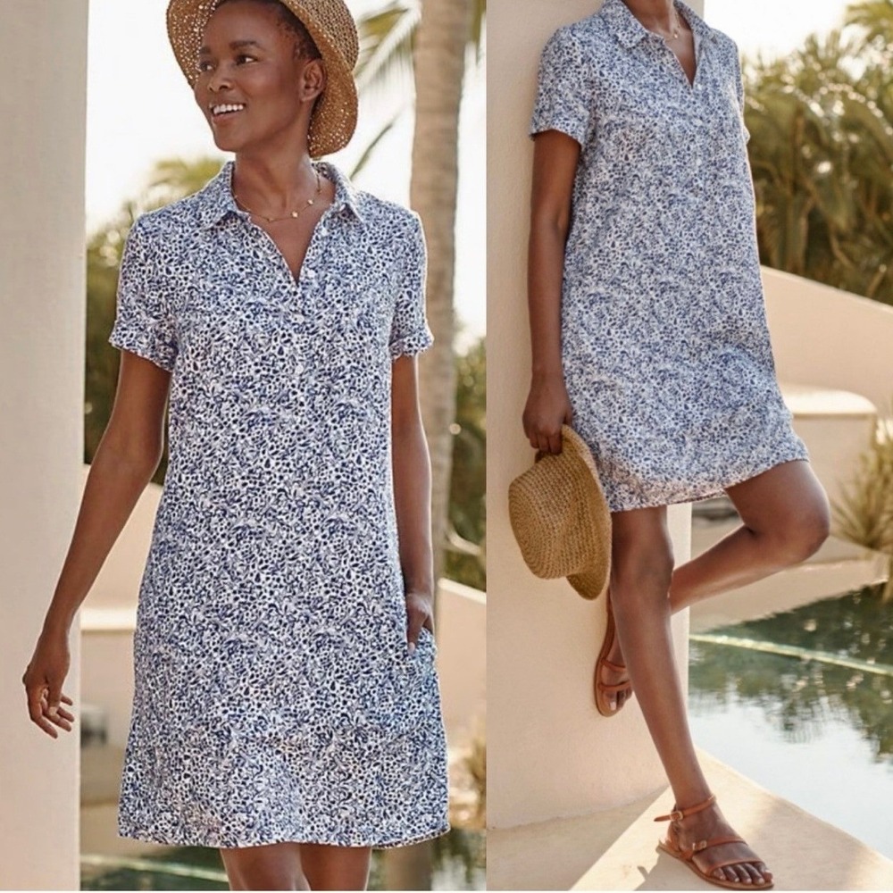 Garnet Hill Linen Relaxed Popover Shirt Dress Blue Medium Coastal Minimalist